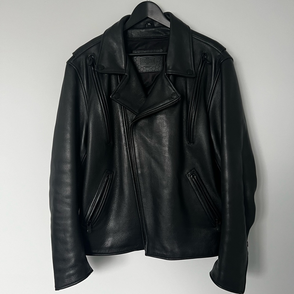 First Mfg Men's Leather Motorcycle Jacket FIM269CPM | Night Rider size XL